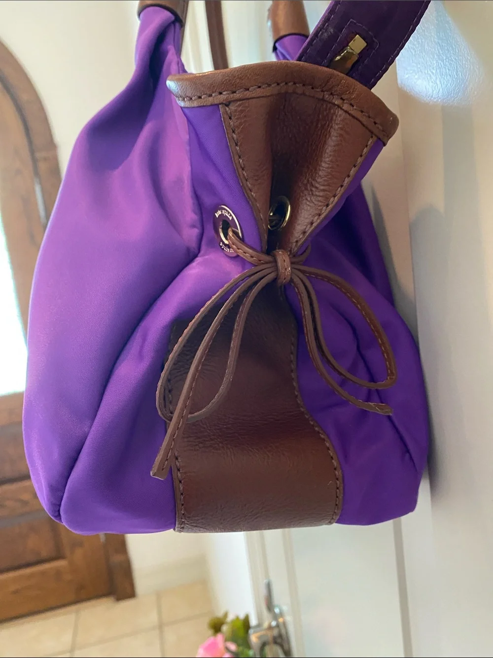 kate spade vibrant purple nylon shoulder bag with brown leather handles
